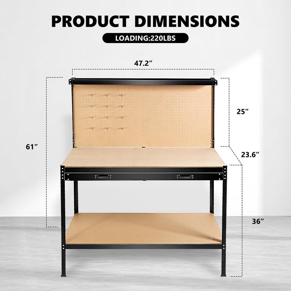 63" Durable Workbench 300lb Steel Frame MDF Top with Pegboard Storage