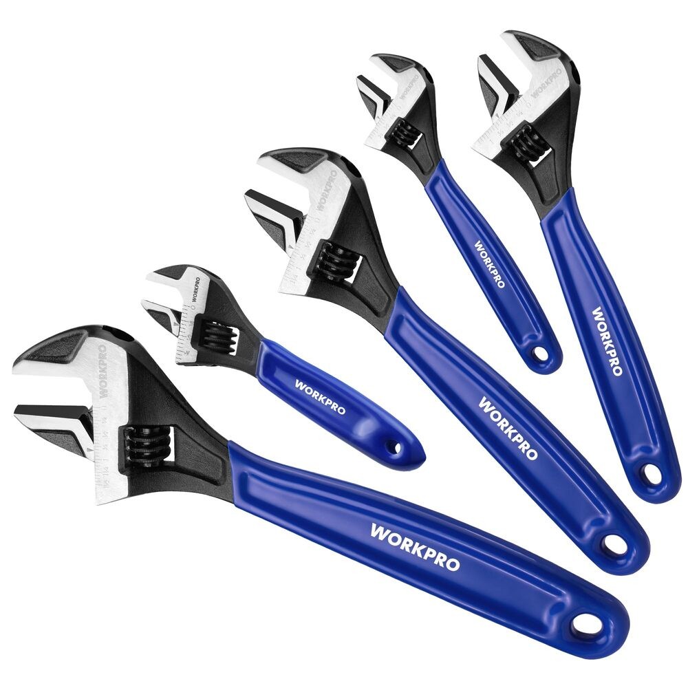 WORKPRO 5PCS Adjustable Wrench Set 4" 6" 8" 10" 12" Wide Jaw Metric & SAE Scales