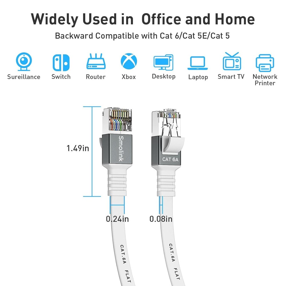 Cat 6a Ethernet Cable 50 Ft,Durable Flat Internet Network LAN 50 +1.5 FT