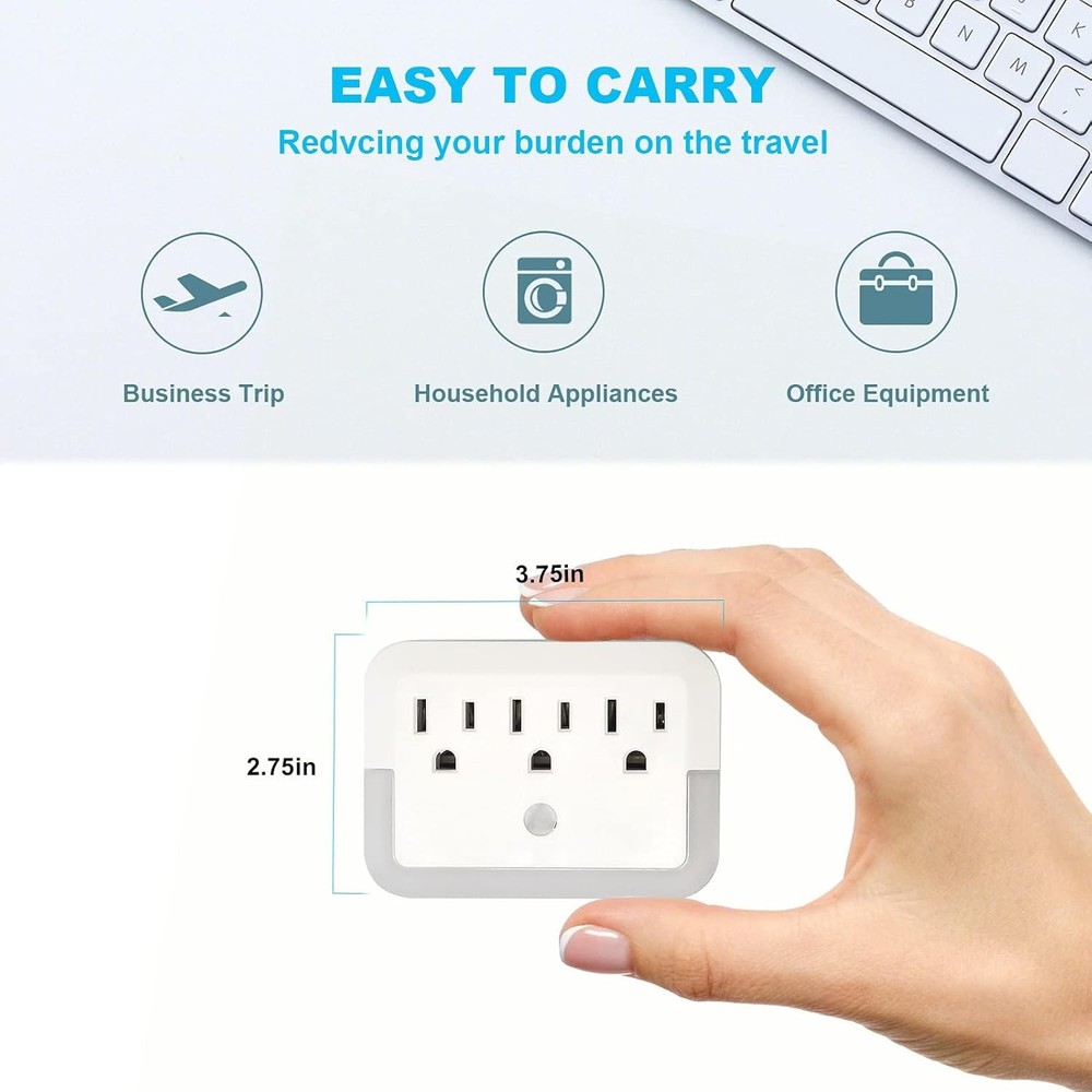 3-Outlet Wall Adapter Plug Extender with Warm White LED Night Light