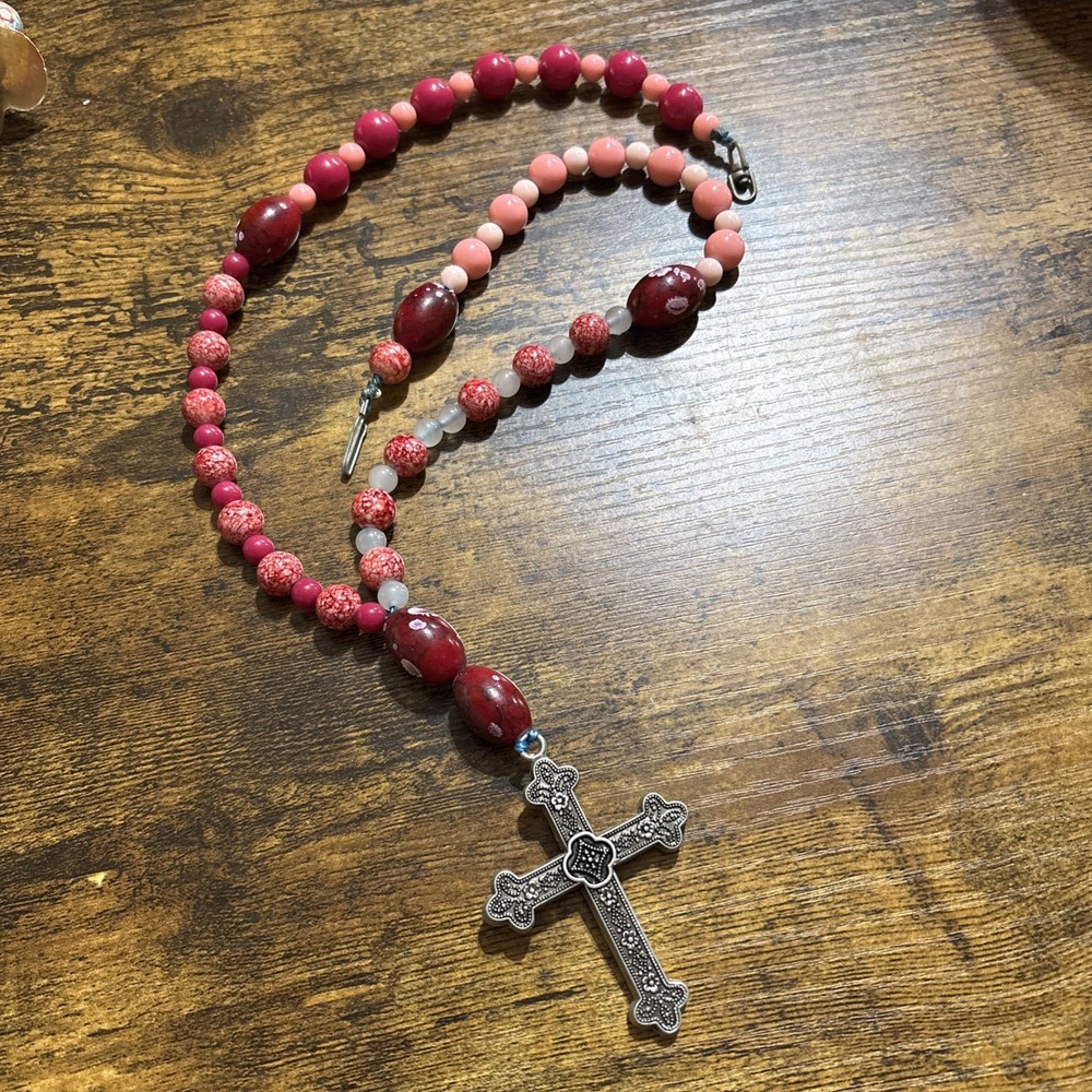 Vintage Red Glass Prayer Beads Rosary Silver Tone Crucifix Cross Necklace