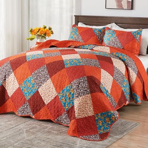 Quilt Bedding Set, 3 Piece Multicolour Patchwork Print Bedspreads Queen Orange