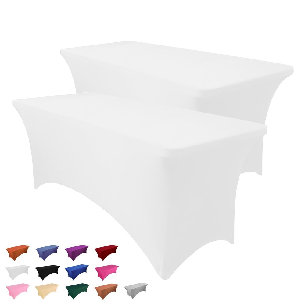 6FT Stretch Tablecloth 2 Pack, Rectangular Spandex Cover, White Party