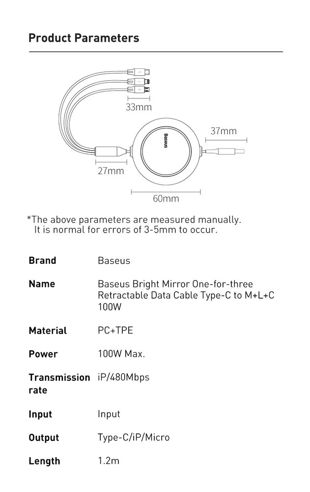 Baseus 100W 3 in 1 USB C Fast Cable Retractable Cord For iPhone Micro USB Type C