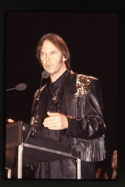 Neil Young candid speech wearing leather fringe jacket Original Transparency