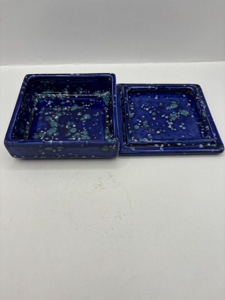 Ceramic Trinket Box Blue Design 4” Square
