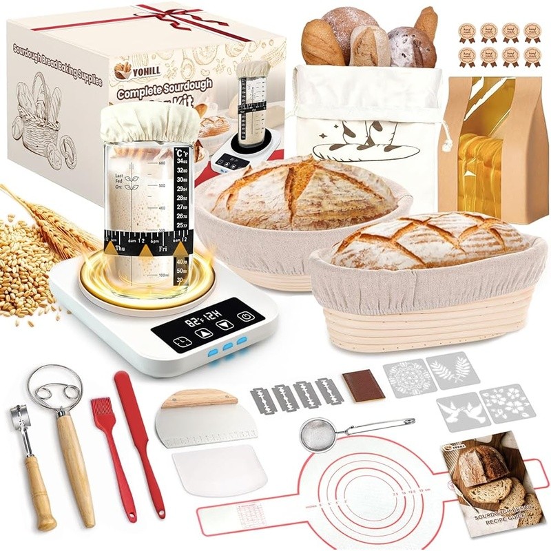 Complete Sourdough Bread Baking Kit W/ Proofing Baskets Starter Warmer Tools New