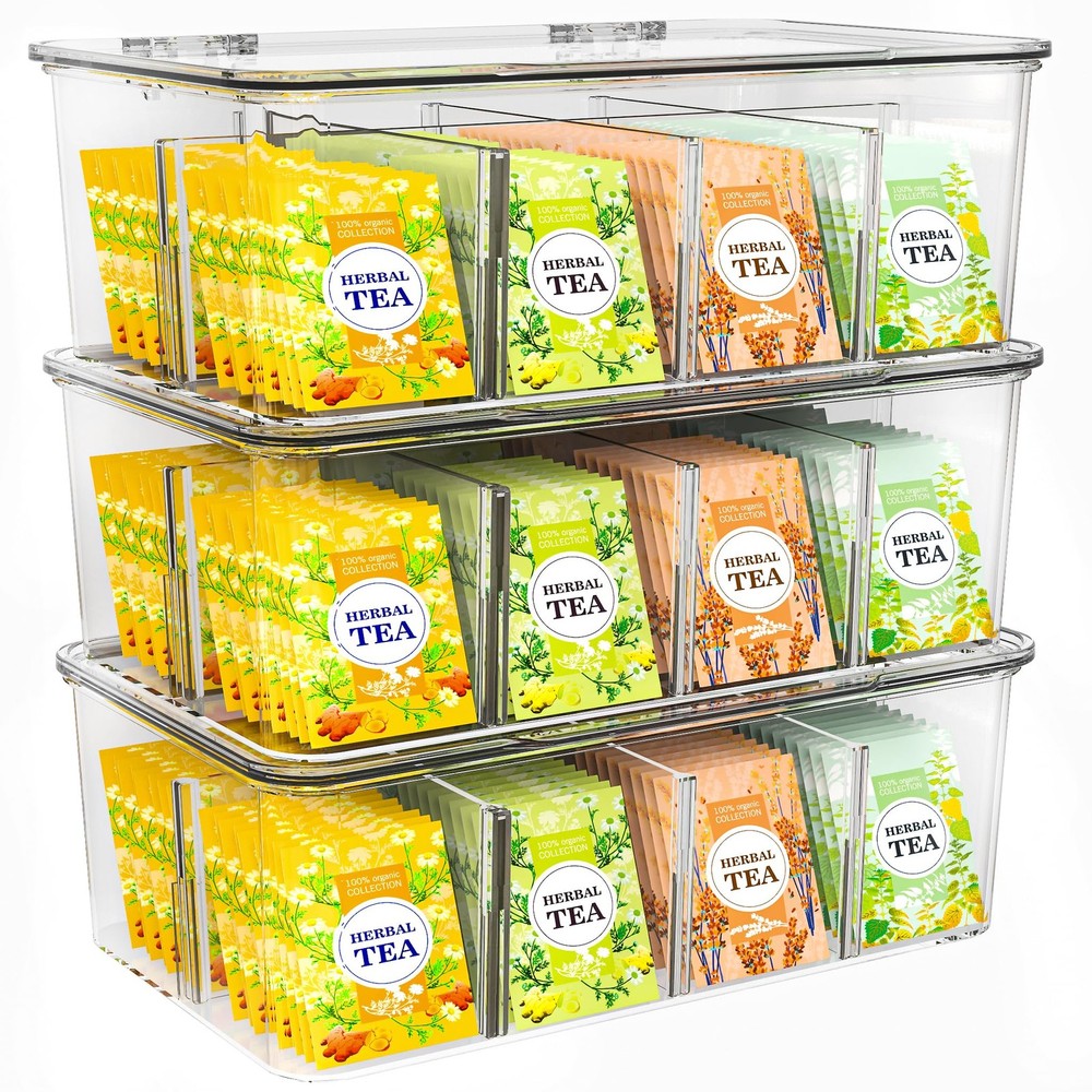 - Tea Bag Organizer With Lids, Clear Pantry Storage Box - (3 Pack) Stackable ...