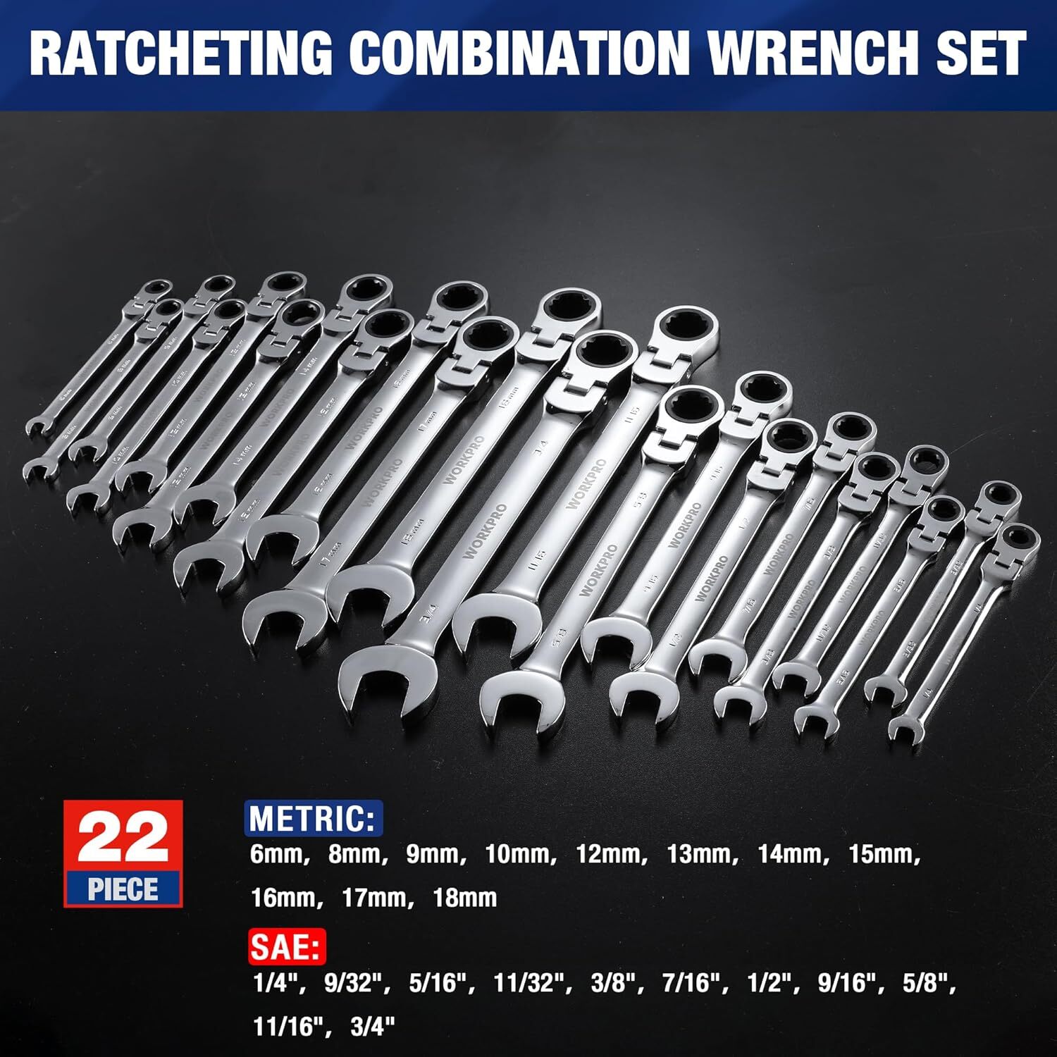 22-Pieces Ratcheting Flex-Head Combination Wrench Set Metric 6-18mm&SAE 1/4-3/4"