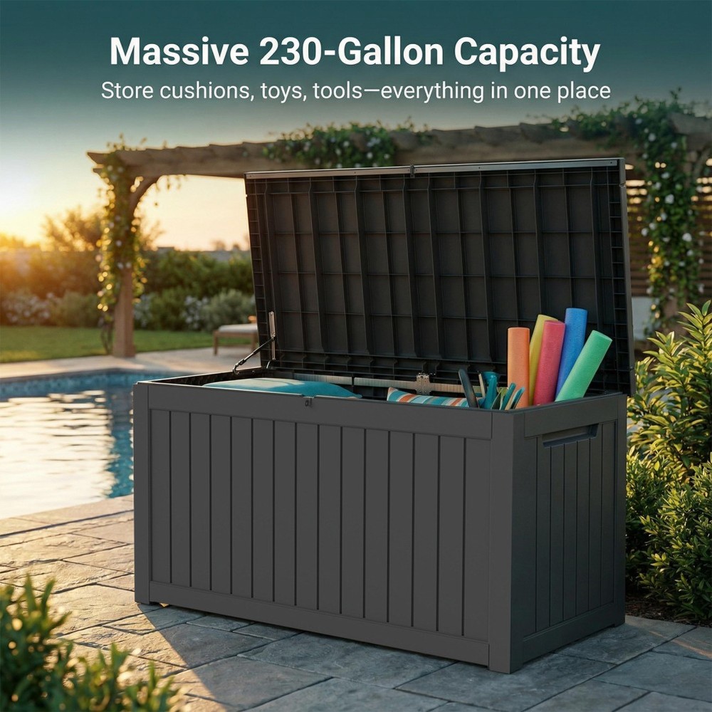 230 Gallon Large Resin Deck Box Extra Bench Seating Easy Assembly Lockable BLACK