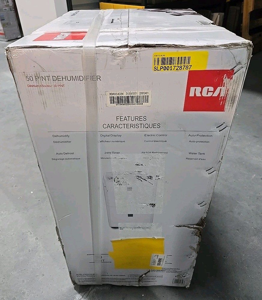 RCA 50-Pint RDH535-6COM Dehumidifier w Auto-Shutoff & Timer NEW DAMAGED BOX