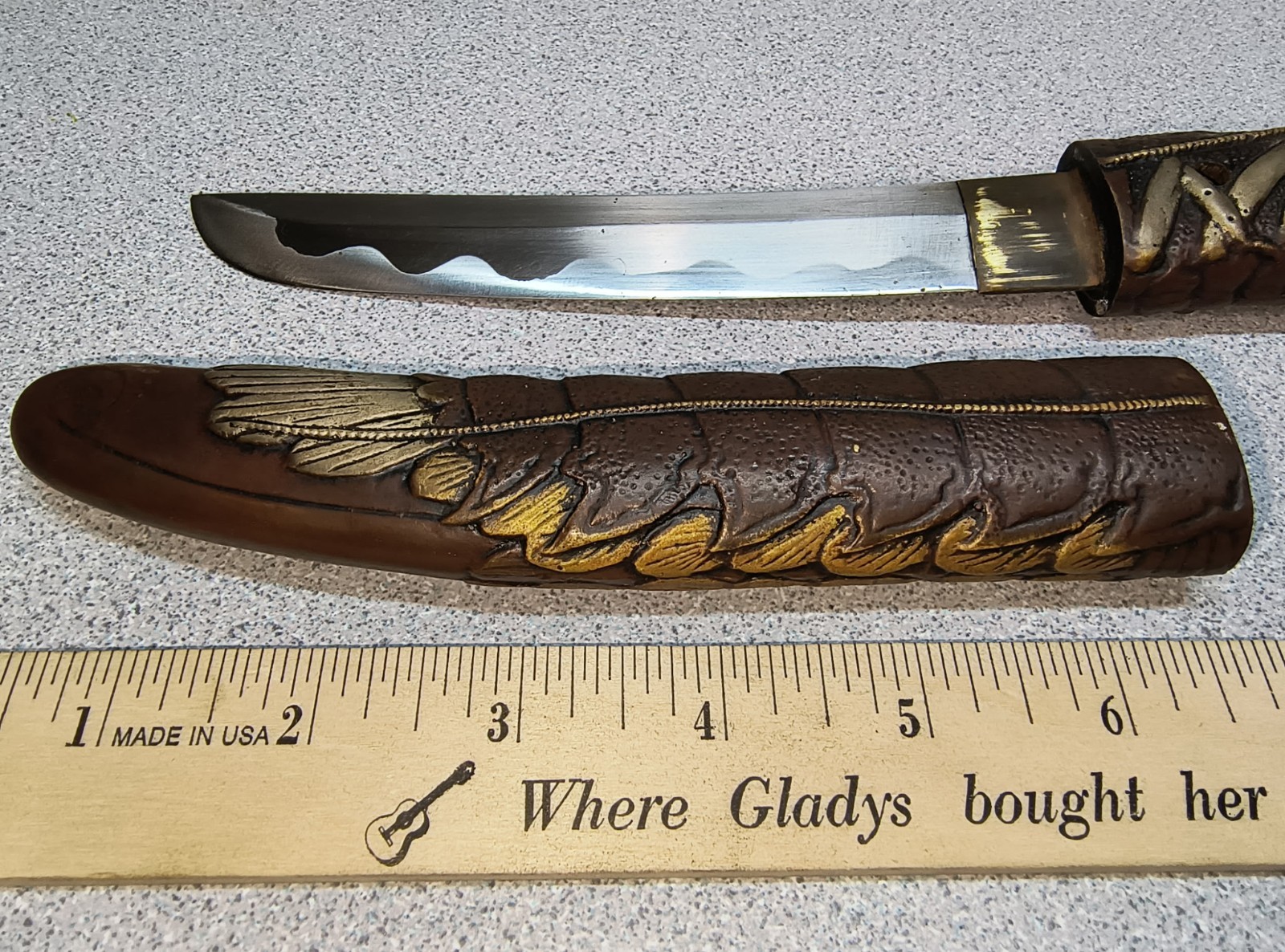 JAPANESE POST WWII SOUVENIR KNIFE & SHEATH UNIQUE TANTO SPINEY LOBSTER ENGRAVED