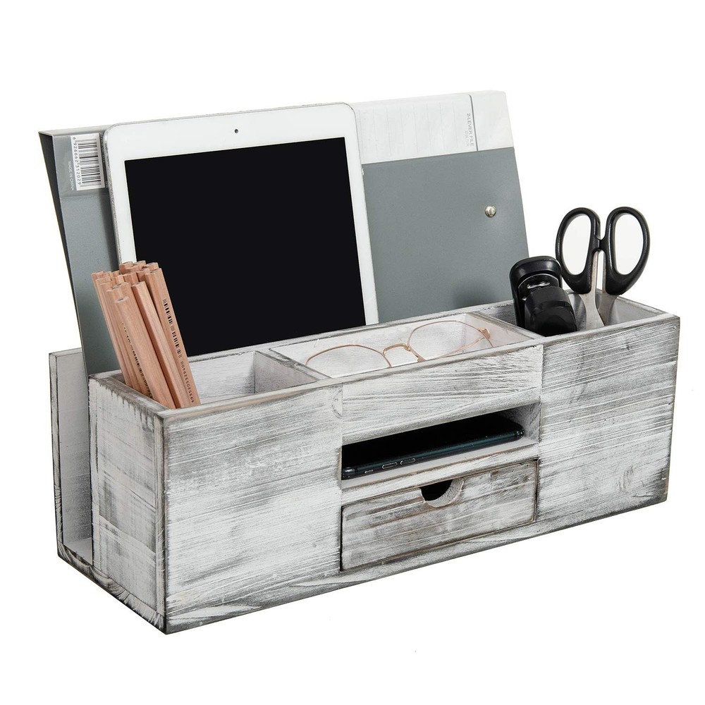 Liry Products Whitewashed Wooden Desktop Organizer Multiple Compartments Rack...