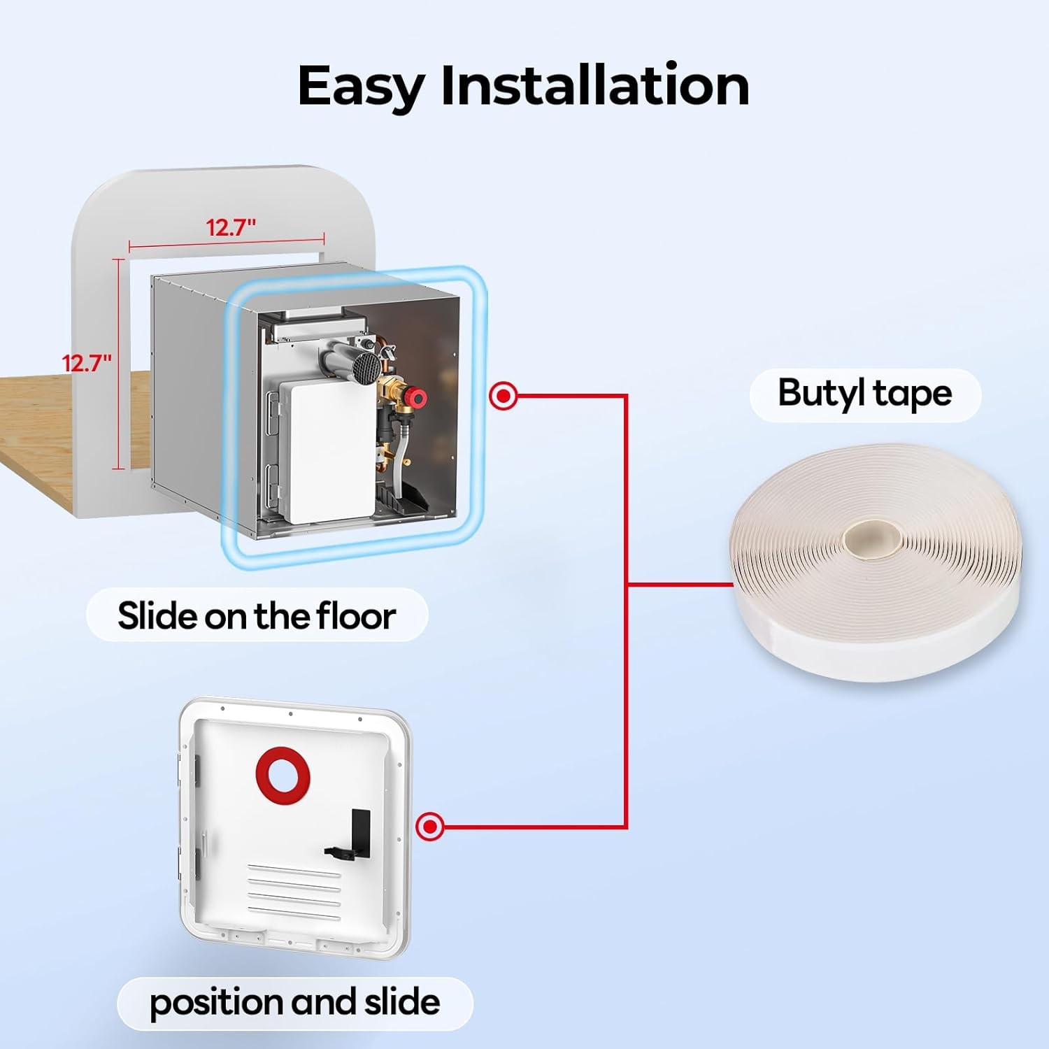 FOGATTI RV Tankless Water Heater InstaShower 7 with 15 x 18 in Black Door DC 12V