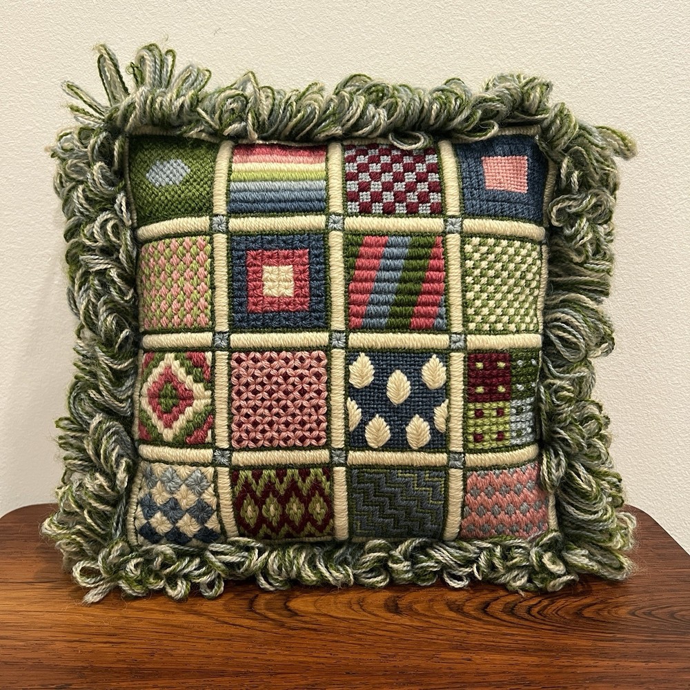 Vintage Loop Fringe Needlepoint Sampler Embroidery Accent Throw Pillow