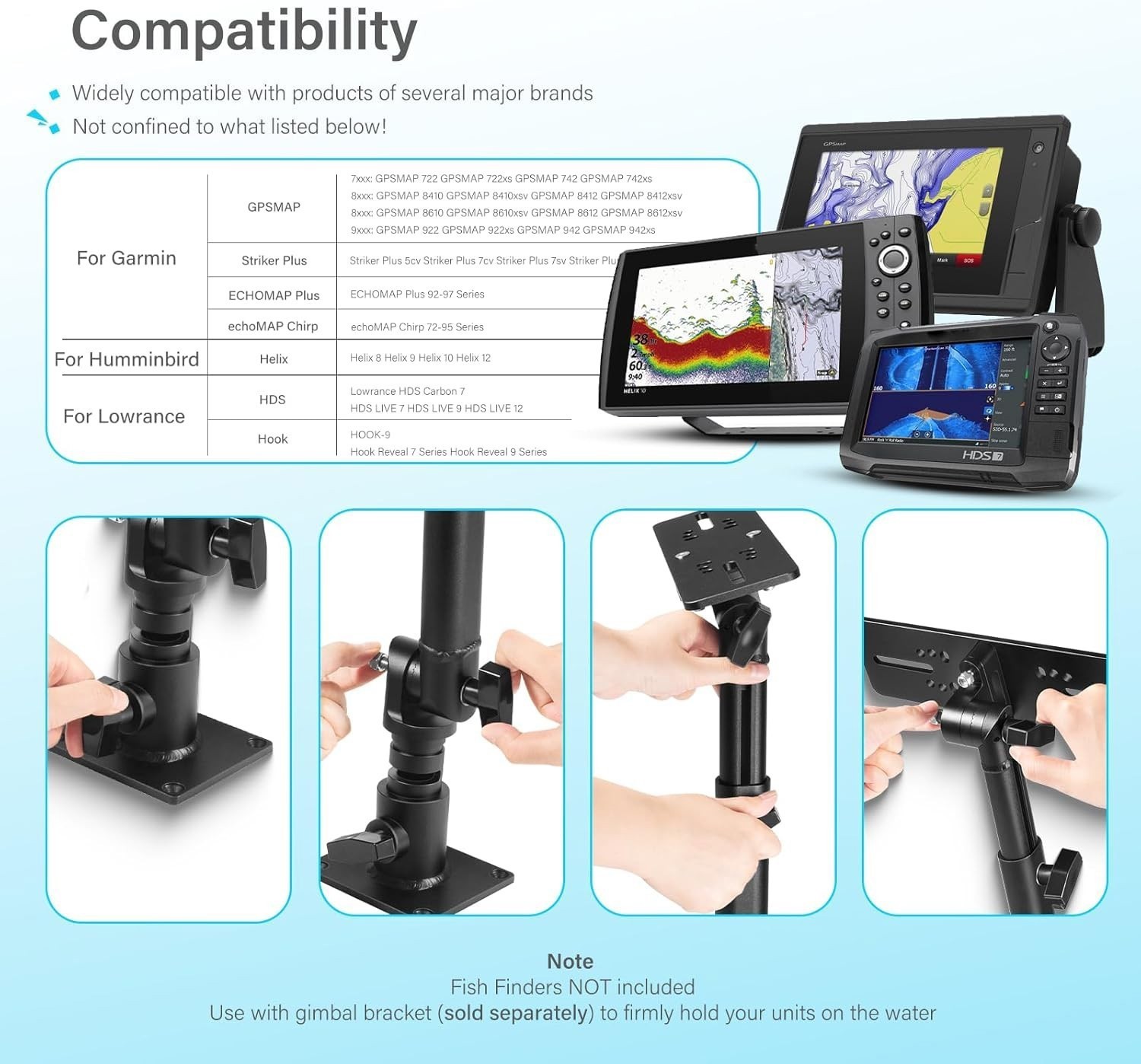 Heavy Duty Aluminum Chartplotter Mount 18"-24" Adjustable 350° Swivel MM-001-BL