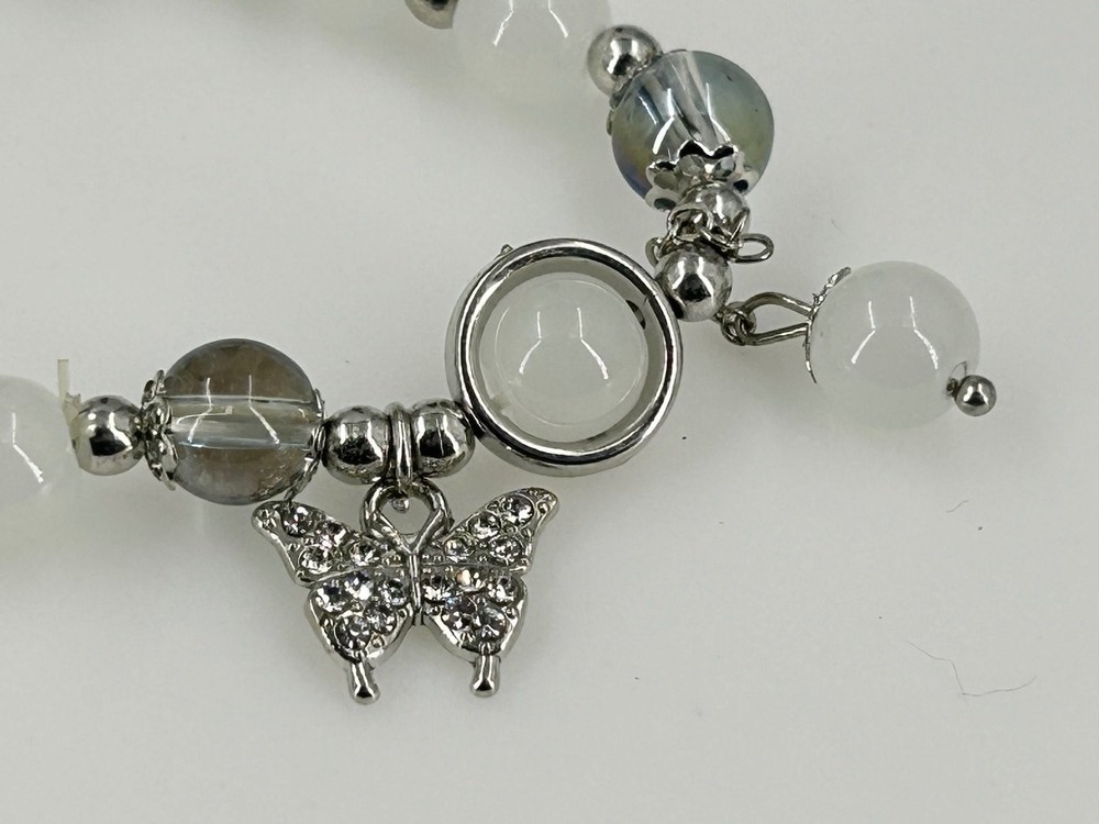 White Beaded Stretch Bracelet Silver Tone Butterfly Charm Accent