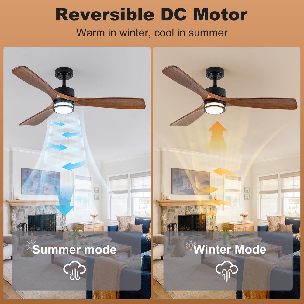 52” Outdoor Ceiling Fan with Light, 3 Walnut Solid Wood Blade, Remote Control...