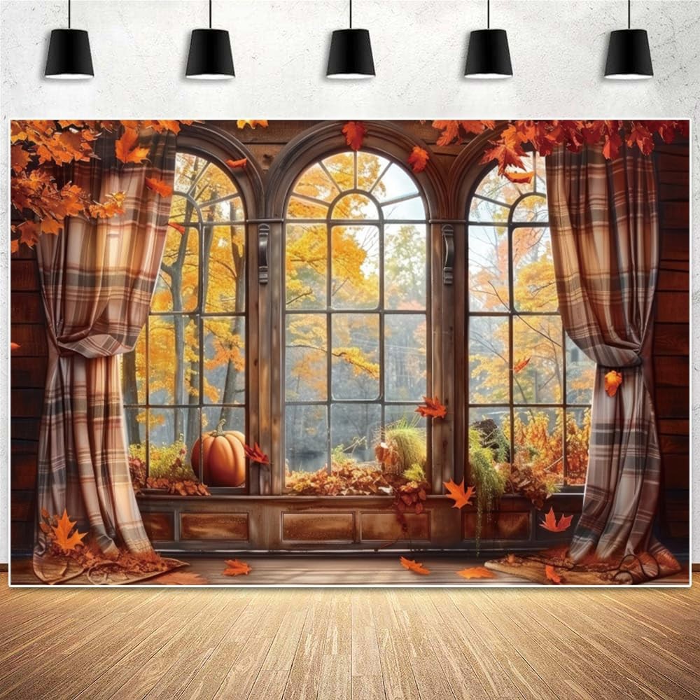 10x8ft Vinyl Fall Window Backdrop Autumn Forest Scenery Fall Pumpkin Maple Le...