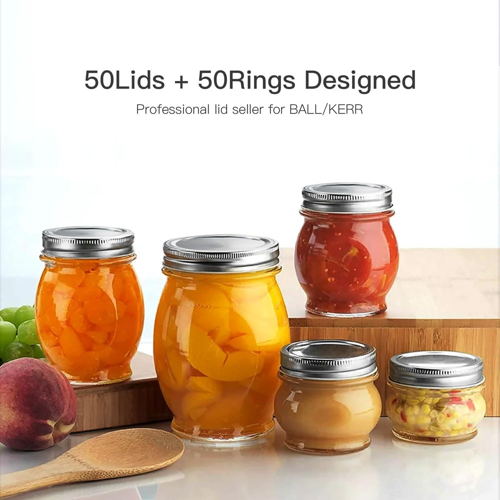 100Pcs/50 sets Canning Lids and Rings Regular 50lids+50bands, Silver