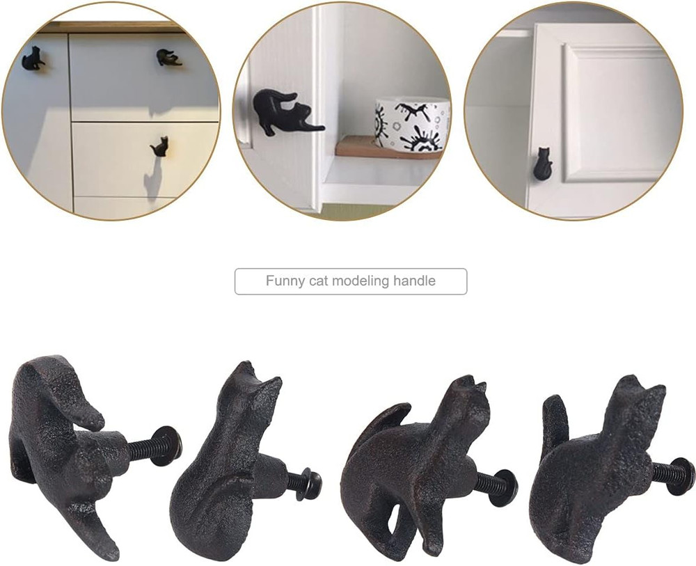 Set of 4 Cat Shape Iron Drawer Pulls Knobs for Cabinet Wardrobe Cupboard