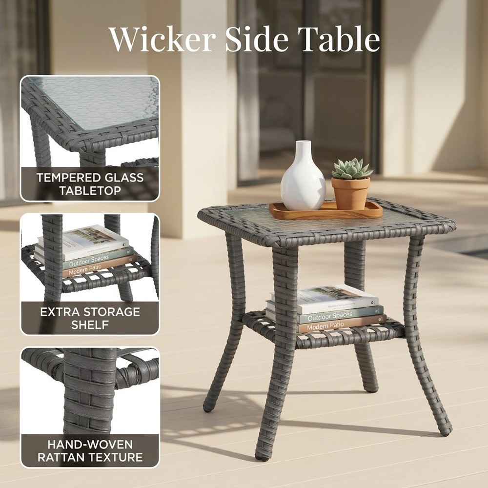 Wicker Side Table 17.7" - Tempered Glass Top & Shelf, Patio End Table