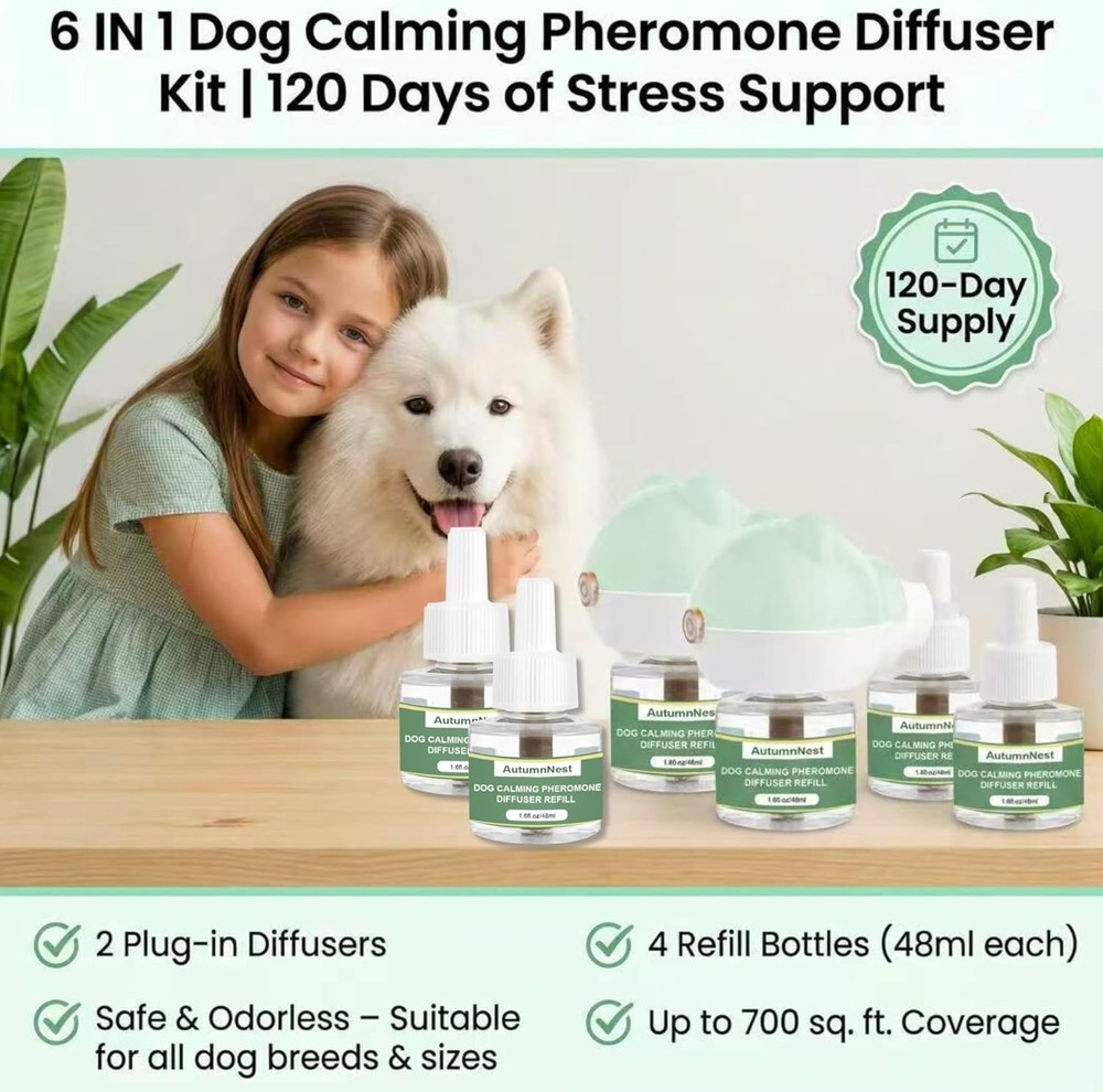 Dog Pheromone Calming Diffuser Kit, Pet Diffuser Kit (2 Plug-in + 4 Packs 48m...
