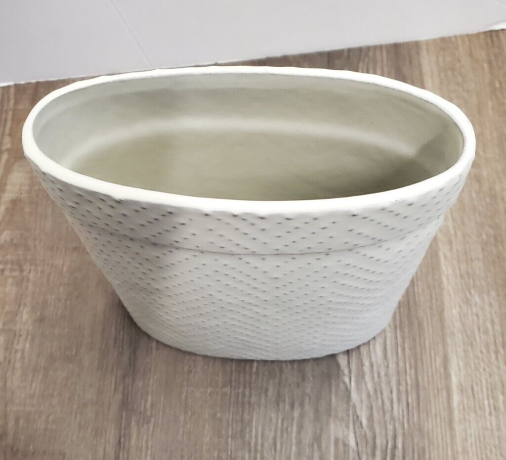 Cream Oval Ceramic Vase with Black dots In a V wave pattern