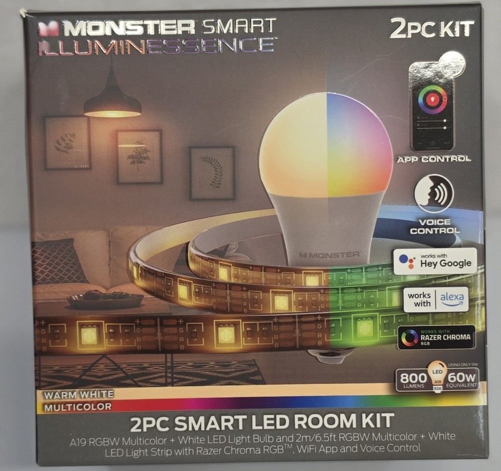 Monster Smart 2PC LED Kit 6.5 Ft Multi/White Strip &Bulb, app/voice control
