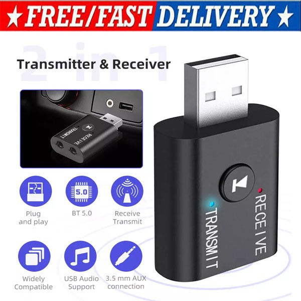 Wireless USB Bluetooth 5.0 Audio Transmitter Receiver Adapter 3.5mm For TV Car