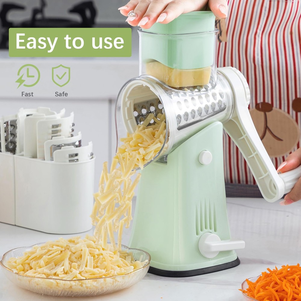 Rotary Cheese Grater, 5 in 1 Cheese Grater with Handle, Replaceable Stainless...