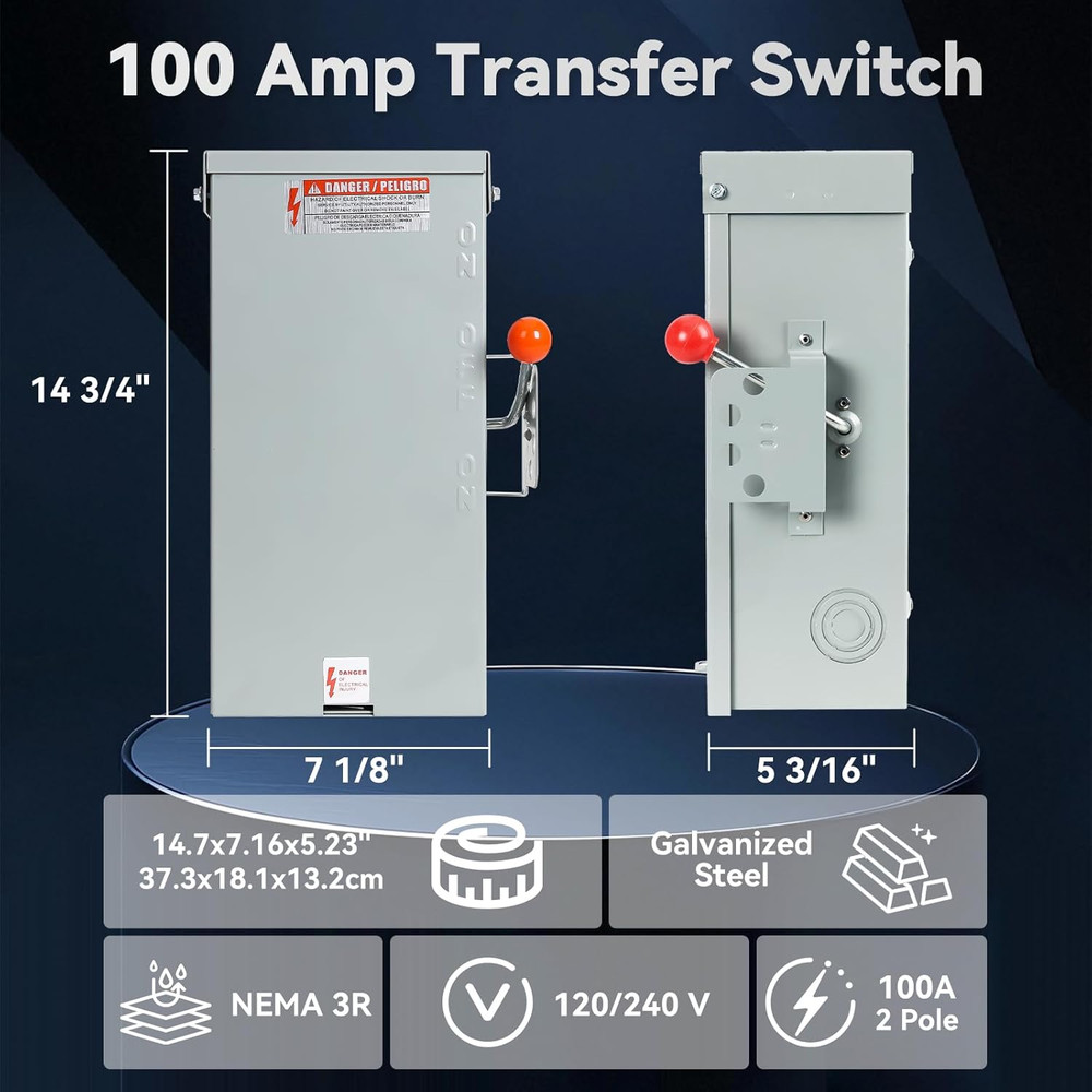 100A Generator Transfer Switch,24000W General-Duty Double-Throw Safety Switch,12