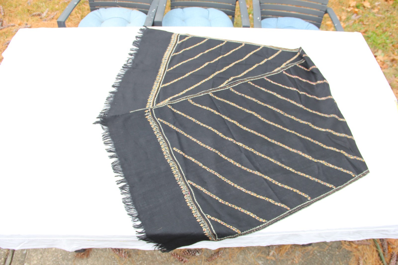 Wool Large Throw/Shawl Black Embroidered Trim and Fringe 76"x25"