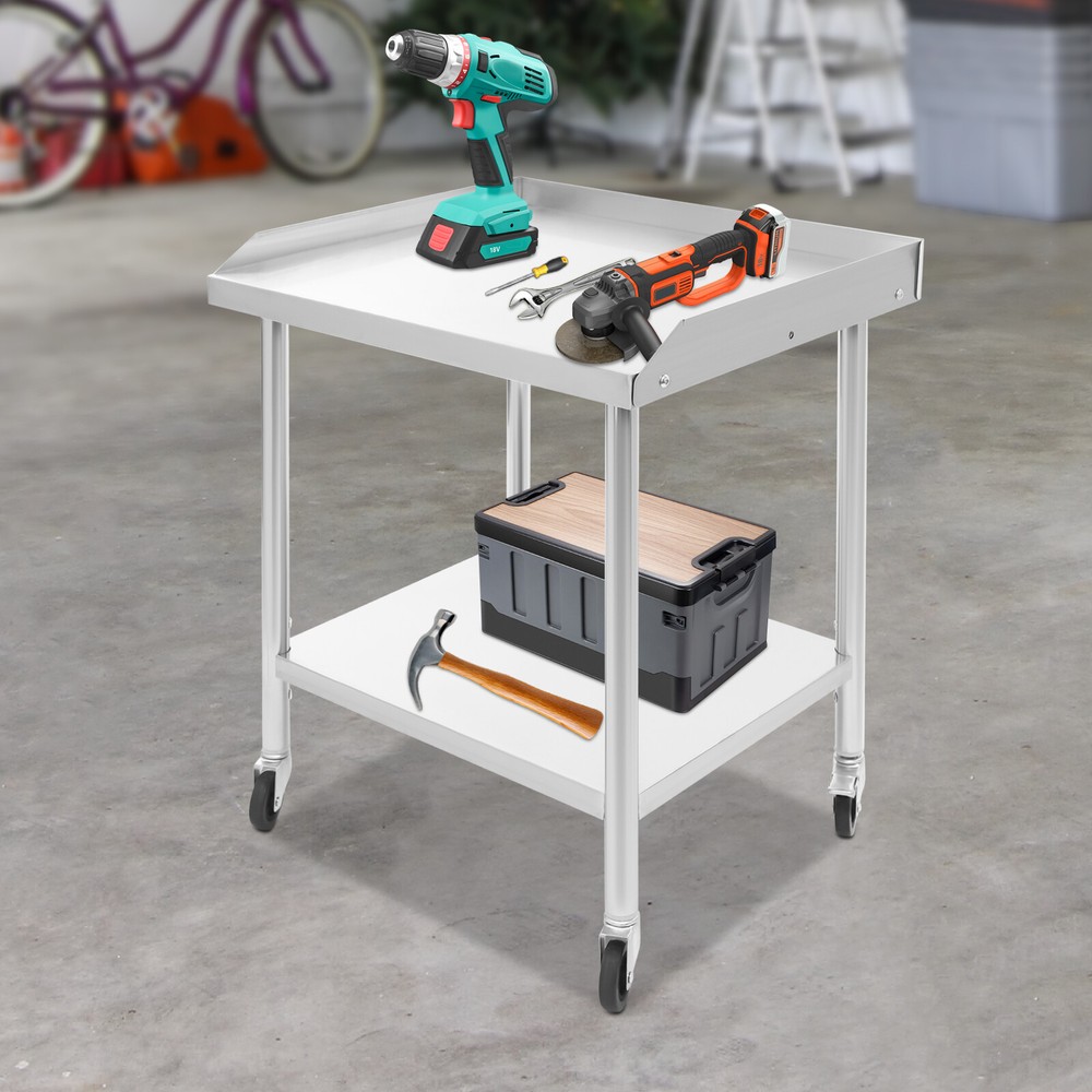 2-tier Work Table with 4 Wheels Stainless Steel Prep Table Load Capacity 500kg