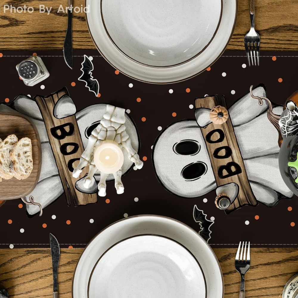 Artoid Mode Polka Dot Ghost Pumpkin 13" x 72", Table Runner, Black