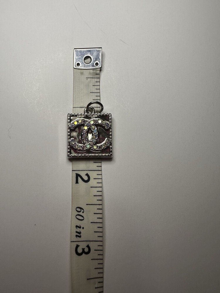 Chanel Silver Square Zipper Pull Charm with Iridescent Stone Logo