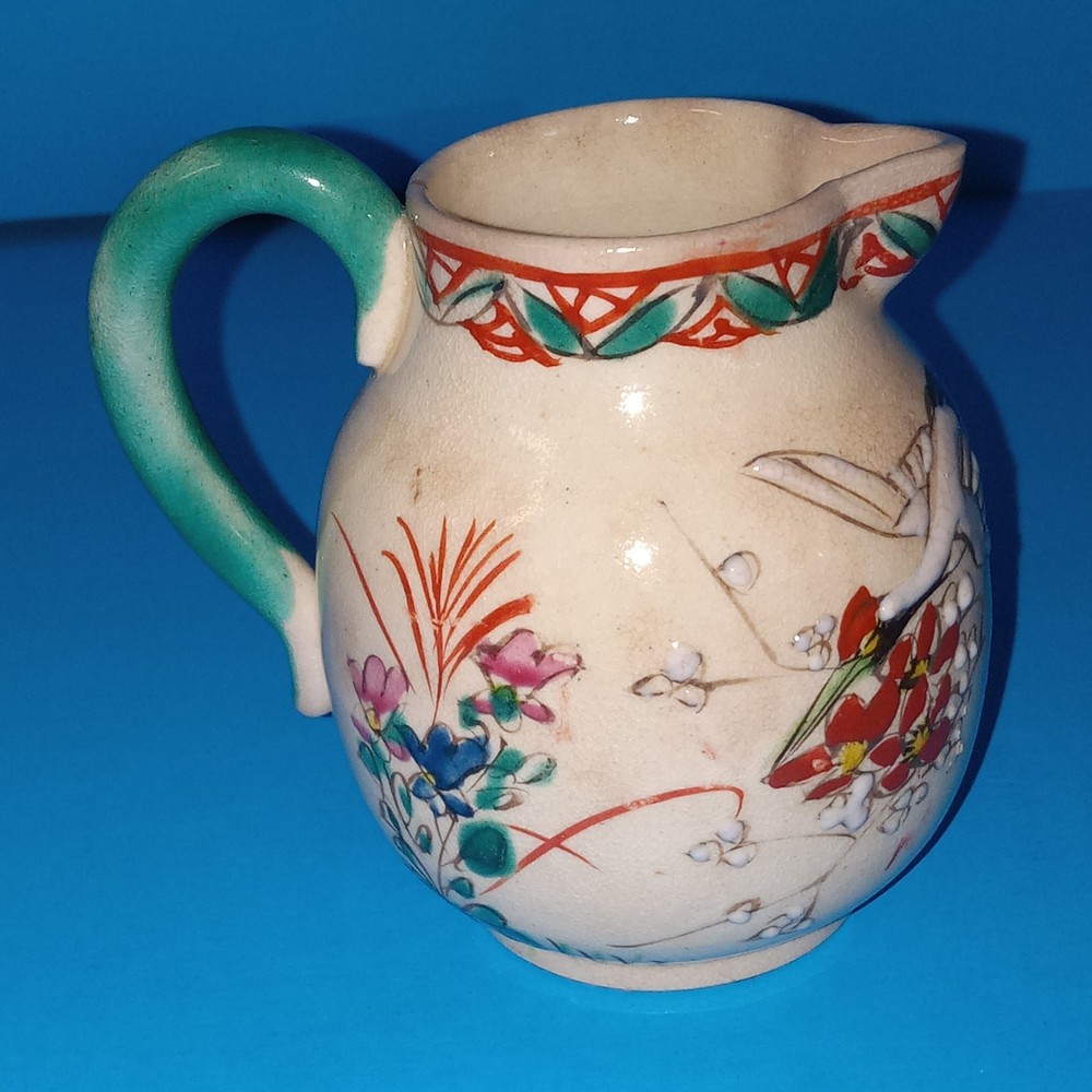 Antique Earthenware Small Creamer Pitcher Hand Painted Applied Handle 19thC