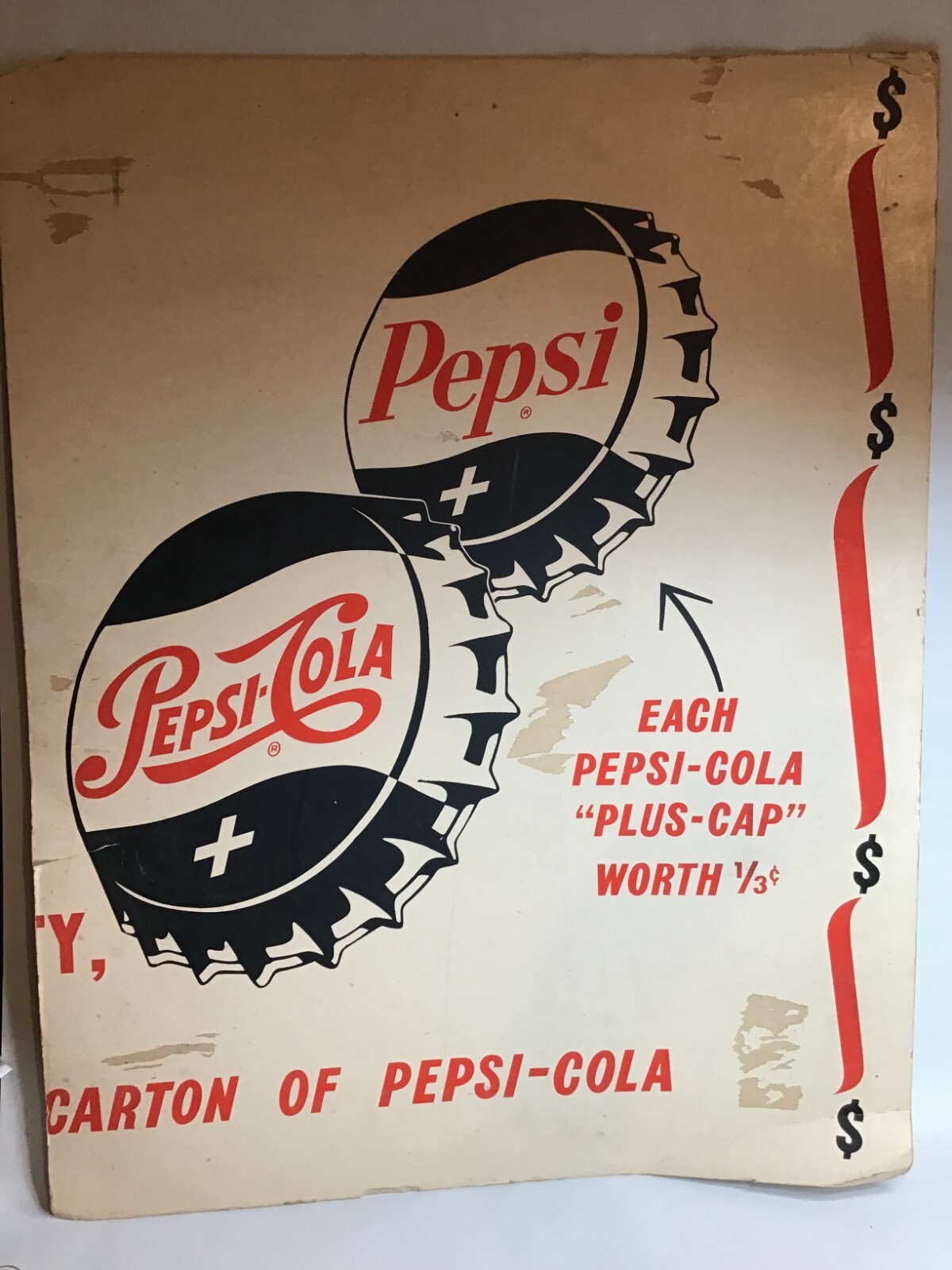 Pepsi Cola Plus Caps Cardboard Advertising Sign Collectible 22inX28in