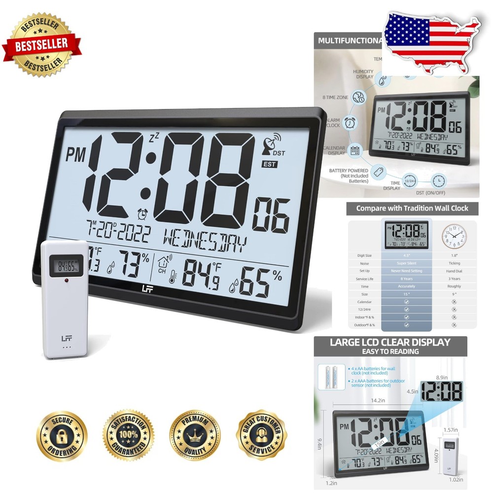 Atomic Wall Clock, 15" Large Display, Temp/Humidity, Wireless Sensor, Easy Read