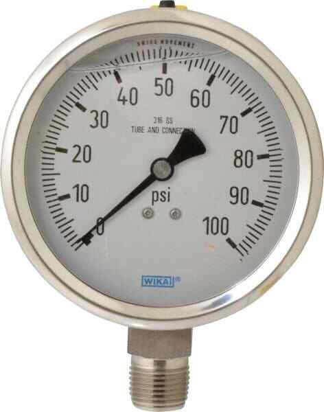 Wika 4" Dial, 1/2 Thread, 0-100 Scale Range, Pressure Gauge Lower Connection ...