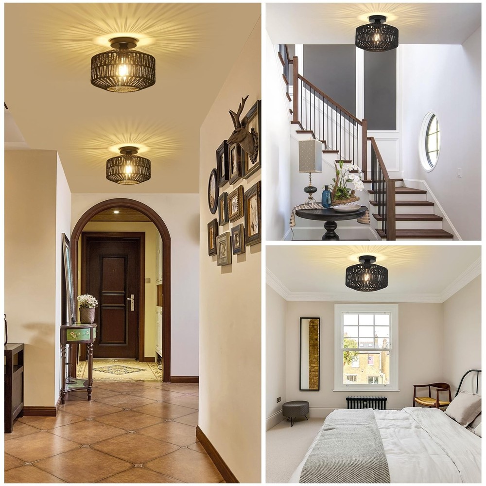 Rattan Light Fixtures Ceiling Mount,Boho Ceiling Light Fixture with Dimmable ...