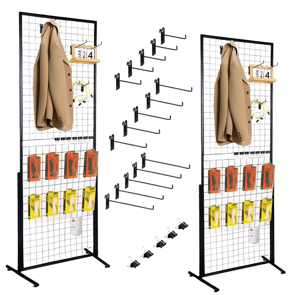 2PACK Floor Standing Wire Grid Display Rack, Double-Sided Display Tower with T-B