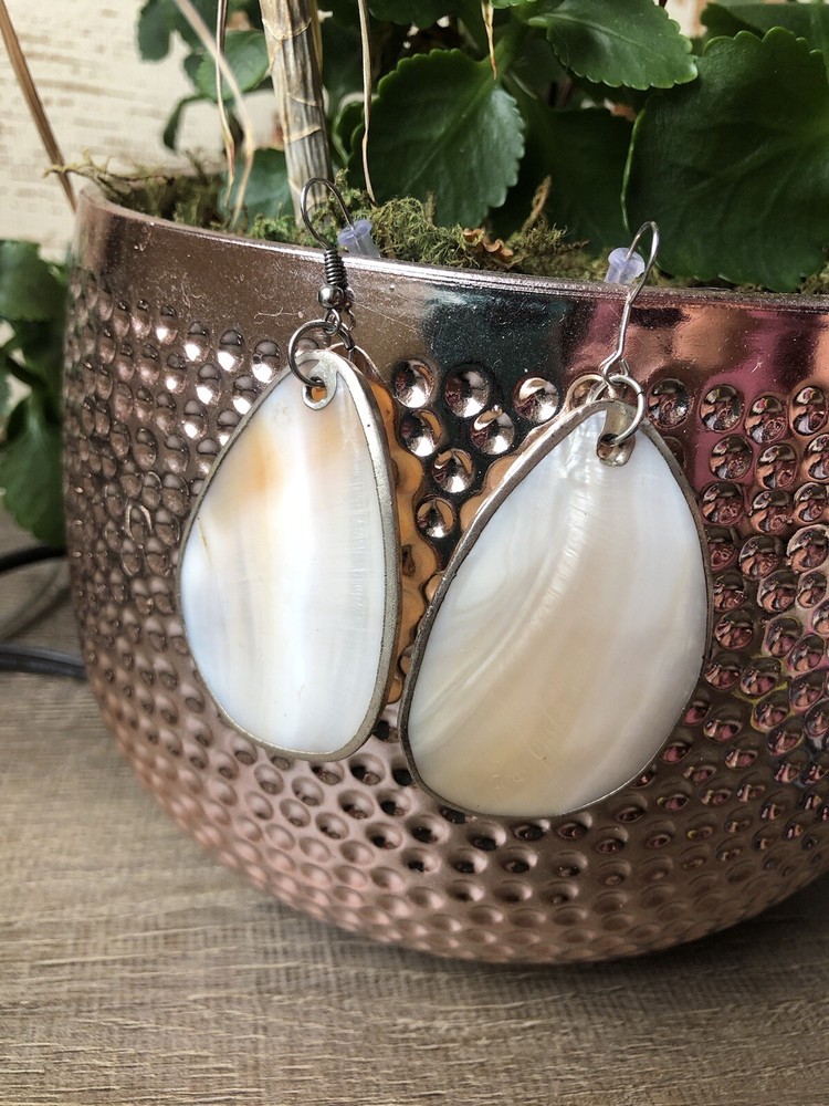 White Shell tear drop dangle artisan made earrings