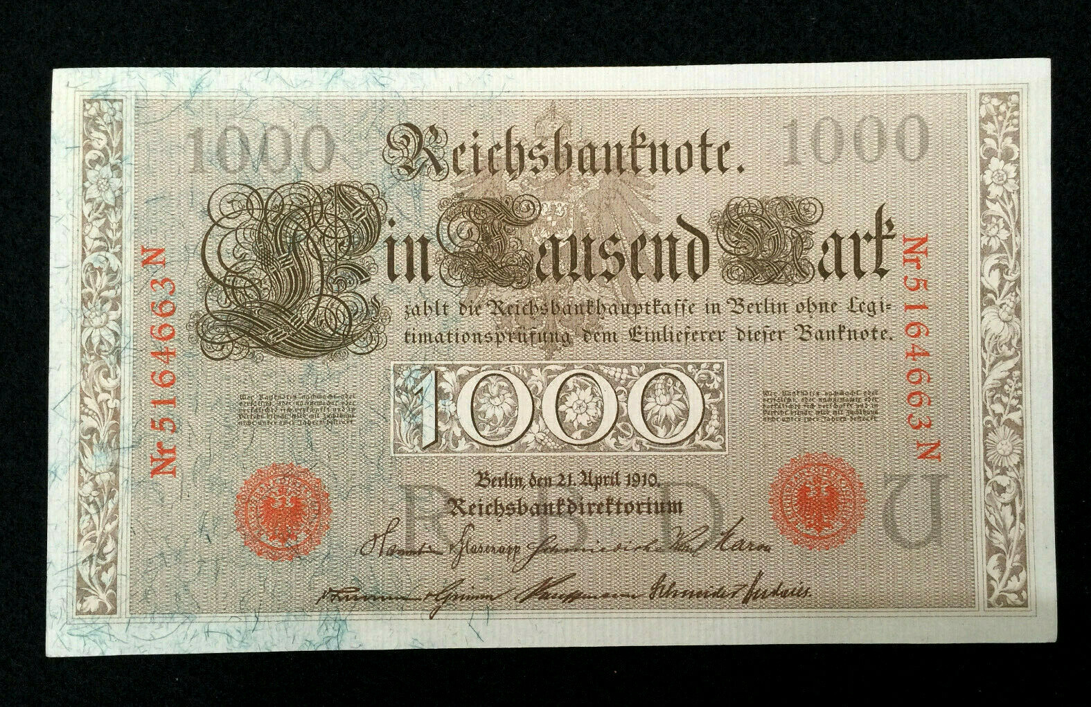 Antique Rare World War I Era Germany 1000 Mark Reichsbanknote UNC -110 Years Old