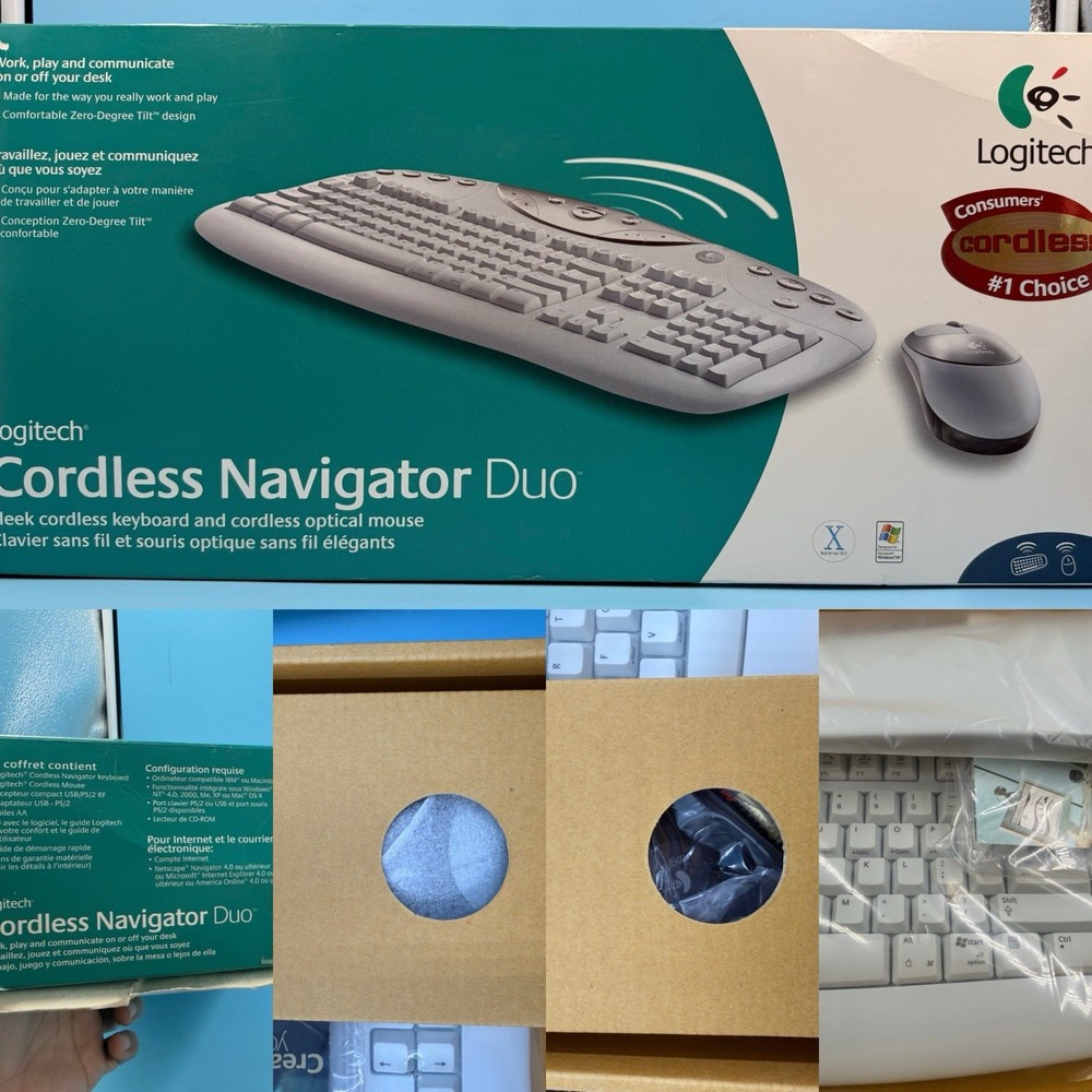 Vintage Logitech Cordless Navigator Duo Wireless Keyboard and Mouse Set White
