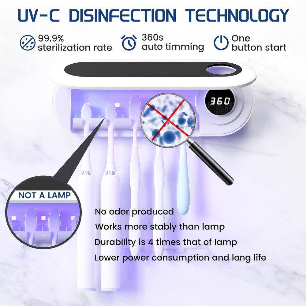 Toothbrush Holder, 5 Toothbrush Slots & Timer Function, Cordless Wall Mounted...