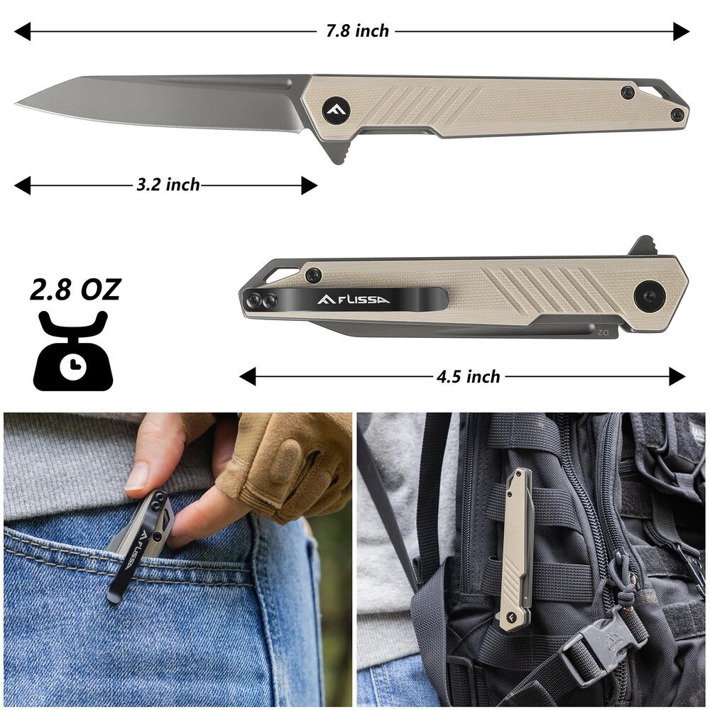 FLISSA Folding Knife Pocket Knife with D2 Steel Blade G10 Handle Pocket Clip USA