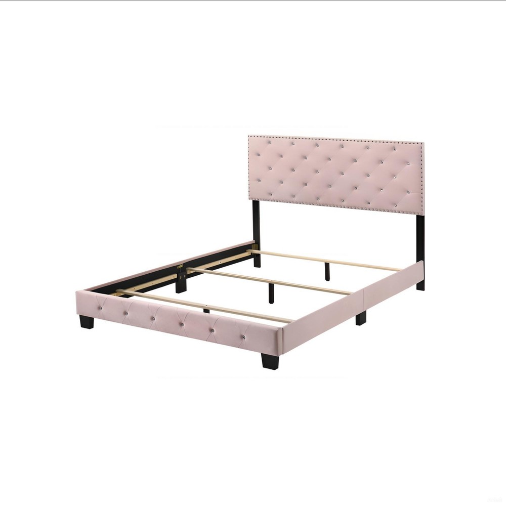 Charming Pink Transitional Queen Bed, Wooden Bed Frame with Headboard