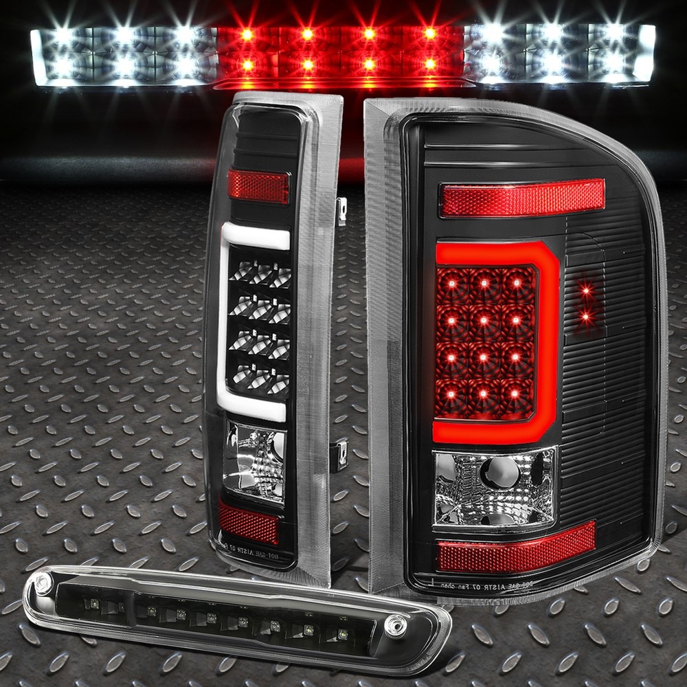 FOR 07-14 CHEVY SILVERADO 3D C-BAR TAIL+LED 3RD THIRD BRAKE/CARGO LIGHT BLACK