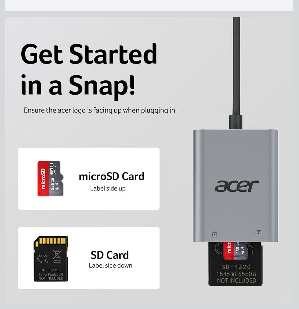 Acer USB A 3.0 to Micro Memory Card Reader, Aluminum Dual Slot SD to USB